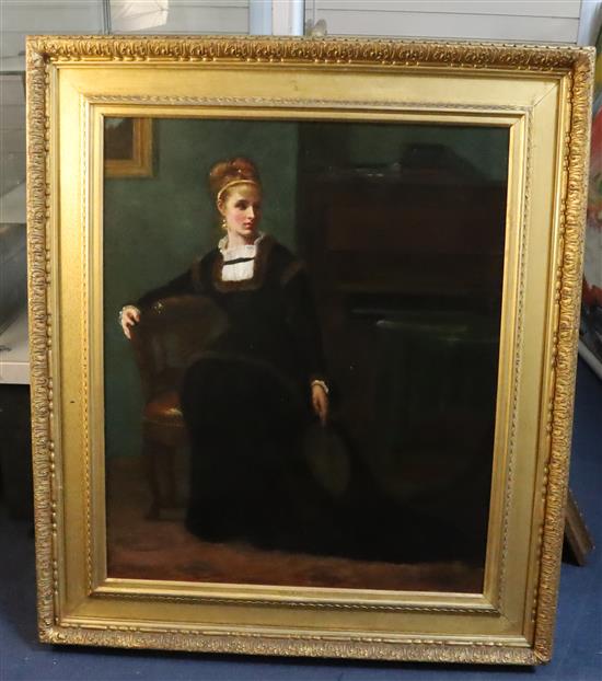 James Ricks (fl.1868-1877) Portrait of a young lady seated in a music room 29.5 x 24.5in.